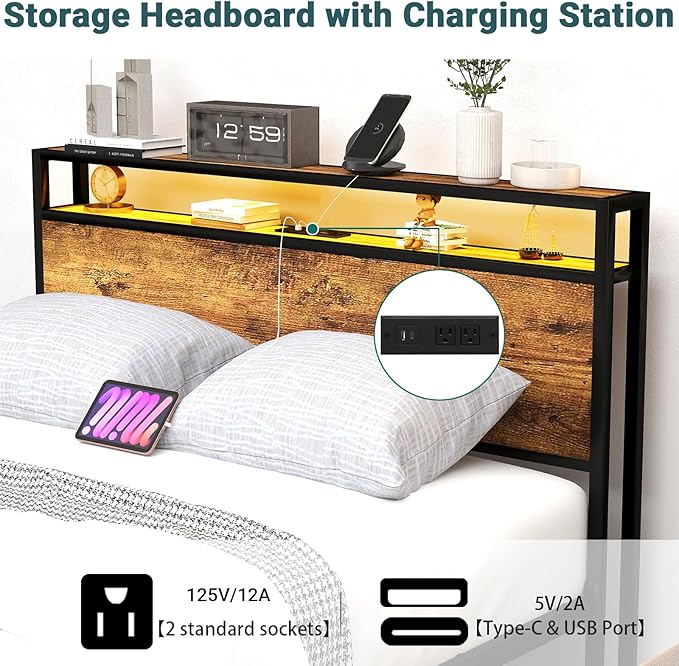 Zevemomo Full Bed Frame with 8 Storage Drawers, Full Metal Bed Frame with LED Light and Charging Station, Heavy Duty Metal Slats, No Box Spring Needed, Rustic Brown
