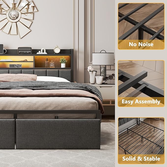 Furnulem Full Size Bed Frame with Upholstered Headboard, Bed Frame Full with Storage Drawers, Charging Station & LED Lights, Metal Platform No Box Spring Needed, Noise Free, Black (1200 lbs Capacity)