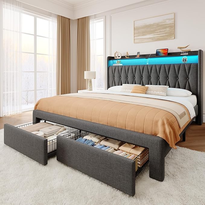 Rolanstar Queen Bed Frame with Drawers, Storage Headboard with Charging Station and LED Lights, Upholstered Bed with Heavy Duty Wood Slats, No Box Spring Needed, Noise Free, Easy Assembly, Dark Grey