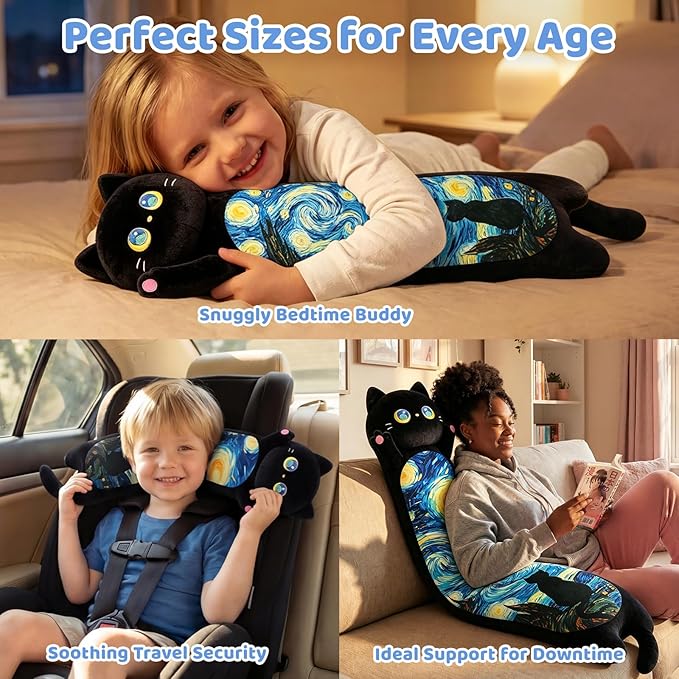 Mewaii Long Cat Plush 5 Sizes, 120% Extra Filling Giant Plushness Kids Body Pillow, Kawaii Cute Black Starry Cat Stuffed Animals Plushies, Big Long Body Pillow Cat Plush Gift for Girls 44”