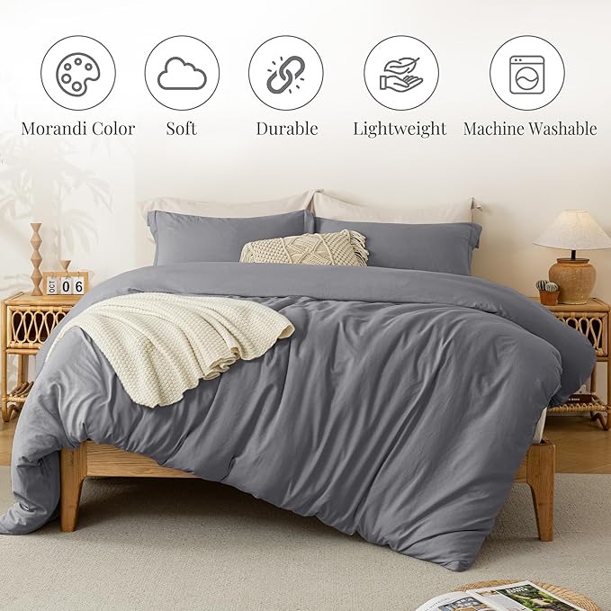 MILDLY Super Soft Duvet Cover - 100% Washed Microfiber Dark Grey Comforter Cover Set 3 Pieces with Zipper Closure & Corner Ties (No Comforter)