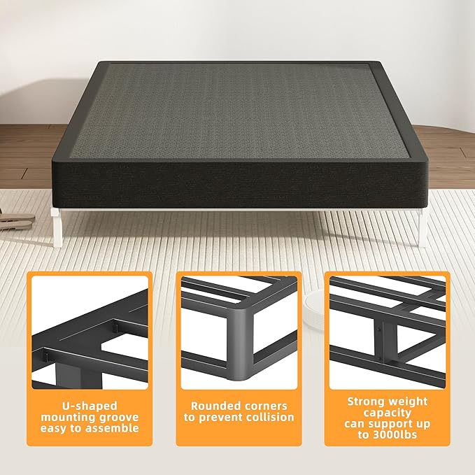 VIPSHOW 7 Inch Full Metal Box Spring with Round Corners - 3000 lbs Capacity, High Profile Heavy Duty Mattress Foundation with Steel Slats, Noise-Free, Easy Assemble, Black