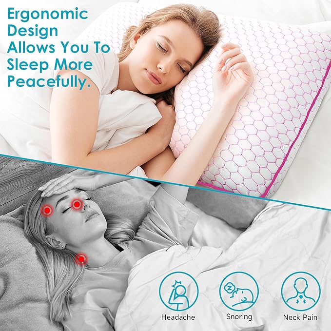 CushyOasis Memory Foam Pillows for Side, Back and Stomach Sleepers, Set of 2, Bed Pillow with Washable Cover and Breathable Mesh, Bed Pillow for Sleeping (Pink，King Size)