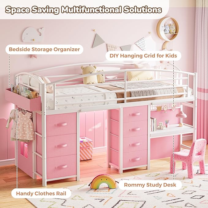 Low Loft Bed Twin Size with 7 Storage Drawers, Desk and LED Lights, Heavy Duty Metal Kids Loft Bed with 12" H Safety Guardrail, Anti-Collision Pad, Private Play Curtain, Under-Bed Play Space - Pink