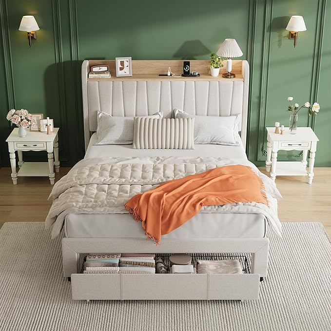 Garvee Upholstered Bed Frame Full Size with Storage Headboard and Charging Station, Platform Bed Frame with Drawers, Heavy Duty, No Box Spring Needed, Easy Assembly, Beige