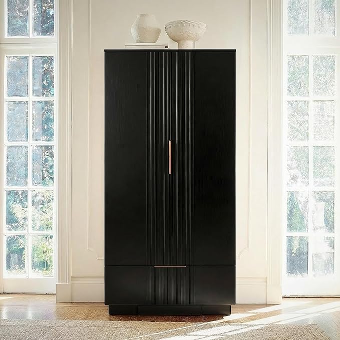 Brafab 67" Fluted Armoire Wardrobe Closet with Drawers and Doors, Wooden Wardrobe Cabinet with Adjustable Shelves, Modern Storage for Clothes, Dream Wardrobe Wall for Bedroom, Black(3 pcs)