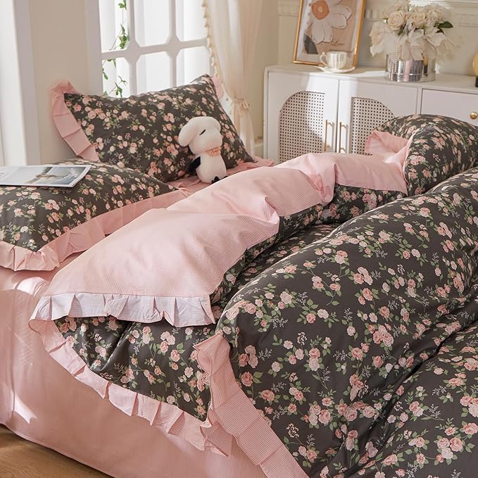 mixinni Vintage Floral Duvet Cover Set Queen Size – 100% Cotton Ruffle Lace Bedding, Pink Rose Flower and Green Leaf Print, Reversible Stripes Pattern, Grandmillennial Cottagecore Aesthetic 3Pcs