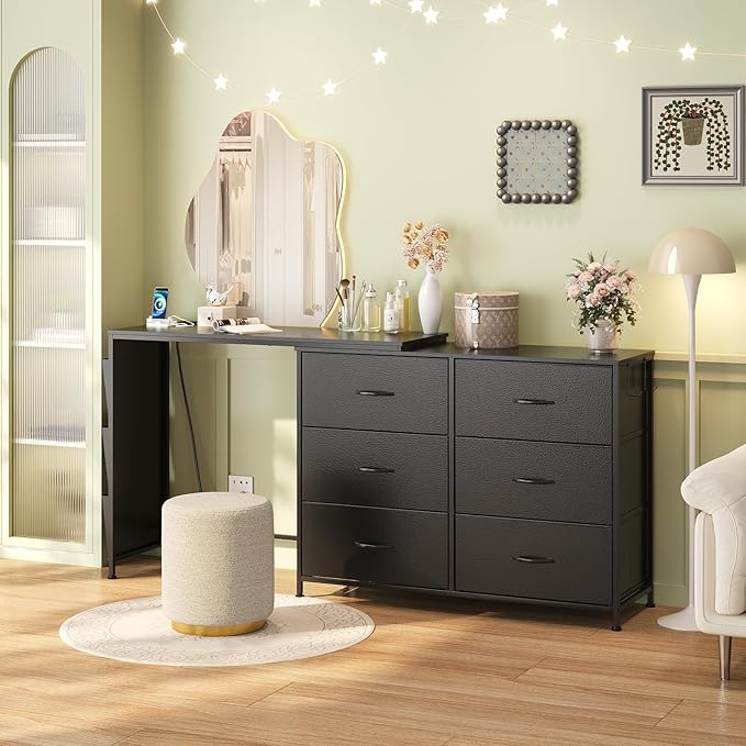 Simoretus Modern Corner Vanity Desk with 6 Fabric Drawers Power Outlet Side Pocket L Shaped Drawers Makeup Desk Dressing Table for Girls Women Bedroom (Black)