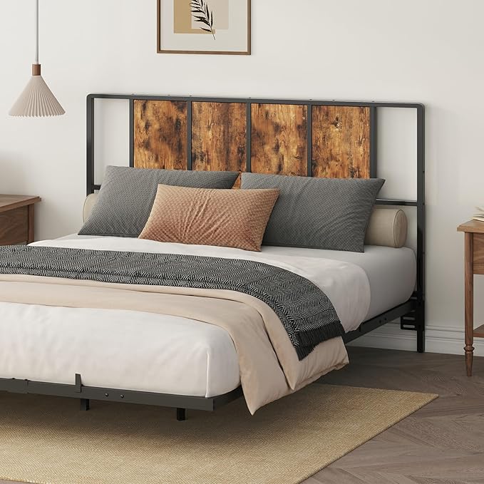 MAHANCRIS Queen Size Headboard Only, Metal Headboard with Adapters, Minimalist Industrial Style for Queen Size Beds, Rustic Brown and Black