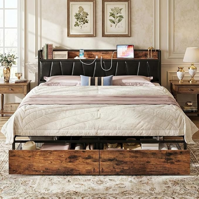 LIKIMIO King Size Bed Frame, Storage Headboard with Charging Station, Platform Bed with Drawers, No Box Spring Needed, Easy Assembly, Vintage Brown and Black