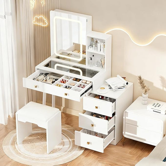 KAMABOKO Vanity Desk with Mirror and Lights, Makeup Vanity Table with Drawers & Shelves, Power Outlet, Dressing Table with Jewelry Storage for Bedroom (055 White)