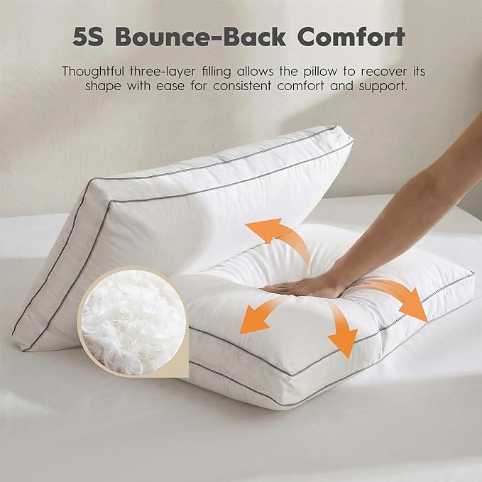 Ubauba Goose Feather Down Fiber Pillows King Size Set of 2, Supportive Gusseted Luxury Hotel Pillow, Comfortable Bed Pillow for Sleeping, Cloud-Soft Pillows for Side, Back & Stomach Sleepers, 20x36 in