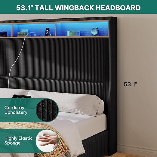 DWVO King Size Corduroy Upholstered Platform Bed Frame with Charging Station and RGB LED Lights, 53’’ Tall Storage Wingback Headboard, No Box Spring Needed, Easy Assembly, Noise-Free, Black