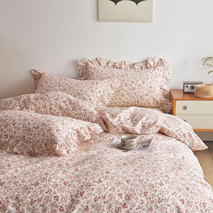 VM VOUGEMARKET Girls Duvet Cover with Pink Red Flower Pattern 100% Cotton Elegant Floral Bedding Set Queen Cottagecore Comforter Cover Set with Ruffle Pillowcases(3 pcs,90x90 Inch)