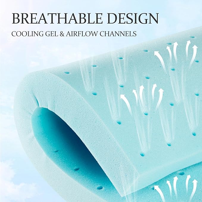 Eiayeebil 3 Inch Memory Foam Mattress Topper Full, Mattress Pad Gel Infused Foam Bed Topper, Ventilated Soft Blue,Full Size
