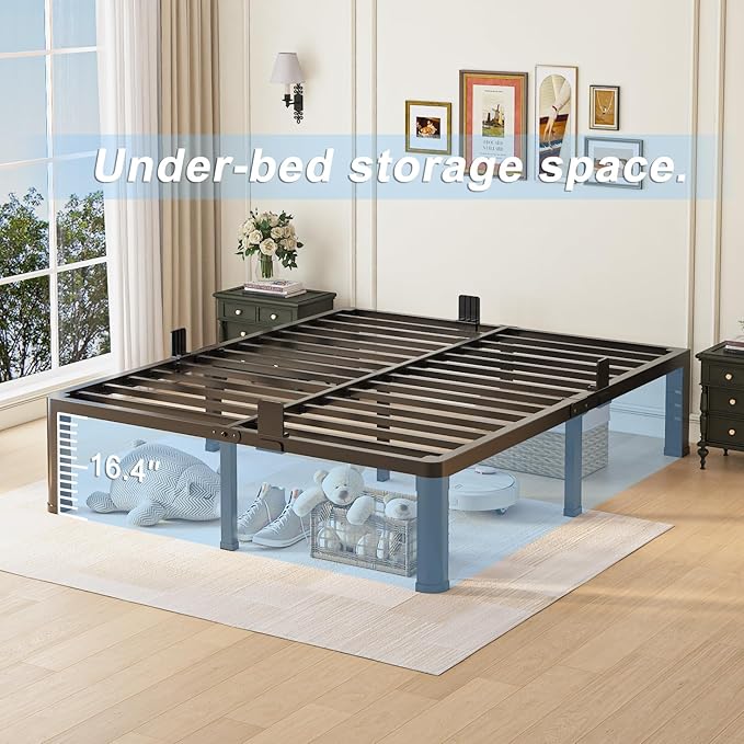 18 inch Queen Bed Frame with Round Corner Legs and Headboard Hole Mattress Slide Stopper 3500 lbs Heavy Duty Metal Platform,Steel Slats Support,No Box Spring Needed,Easy Assembly,Noise Free