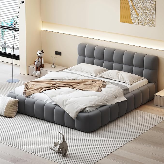 Merax Modern Tufted Platform Bed Queen Linen Floor Bed Frame with Headboard No Box Spring Needed Gray