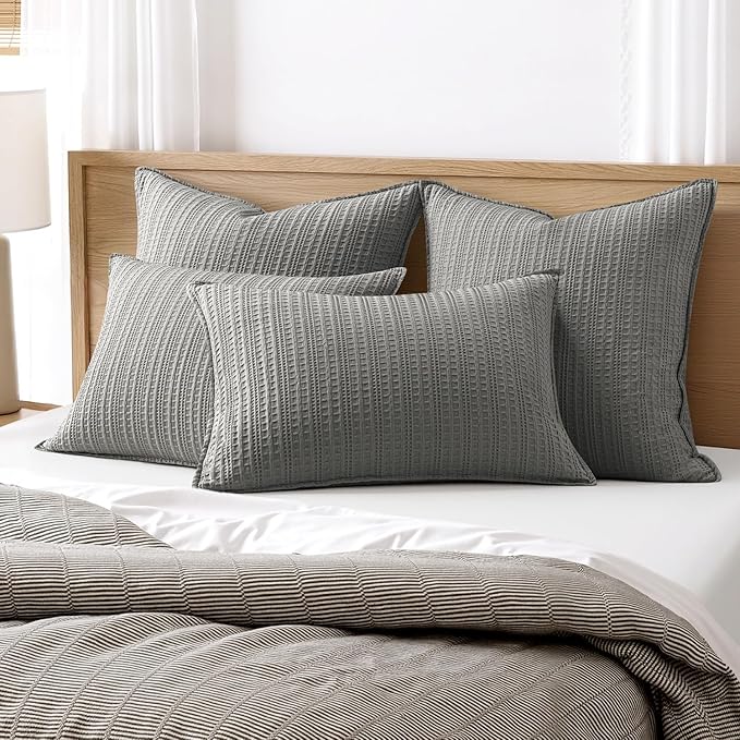 100% Cotton Waffle Pillow Shams Standard Size, 2 Pack 20x26 Decorative Pillow Covers for Bed Couch Sofa, Neutral Weave Cushion Cases Modern Farmhouse Home Decor, Dark Grey