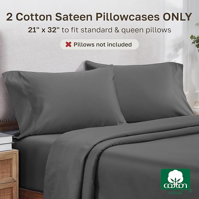 Heirloom Soft, Smooth & Thick Certified 800 Thread Count 100% Cotton Sateen, 2 Pillow Cases Standard Size Fits Standard & Queen Size Pillows (Grey)