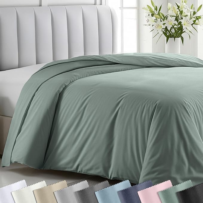 Duvet Cover Twin Cotton Only - Premium 400 Thread Count, Natural 100% Cotton Duvet Covers, Soft Sateen Weave, Button Closure and Corner Ties - Sage Green