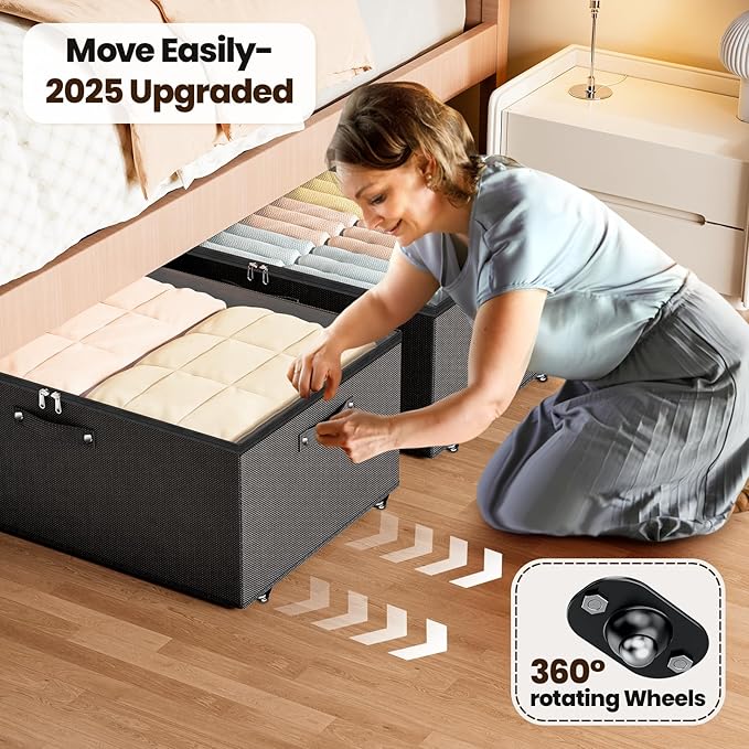 Dayacoco Under Bed Storage With Wheels,10 Inches Under Bed Storage Containers,65L Large Capacity,No Assembly Required Rolling Under Bed Storage for Clothes,Blankets,Shoes,Black