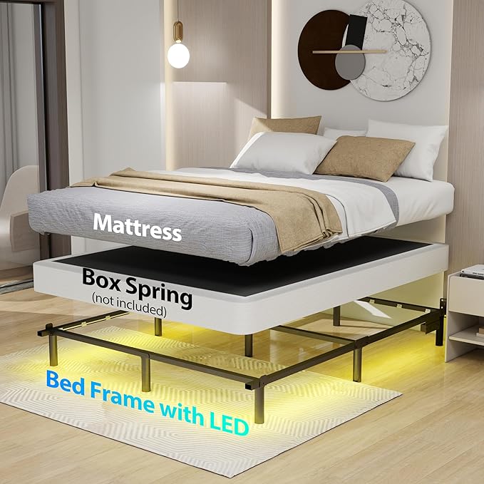 Queen Bed Frame LED Lights Platform Bed Frame Queen Size for Box Spring Mattress Foundation,7 Inch 9 Legs Strong Support Basics Bed Base with Charging Station,Heavy Duty,Noisy Free (7 Inch, Queen)
