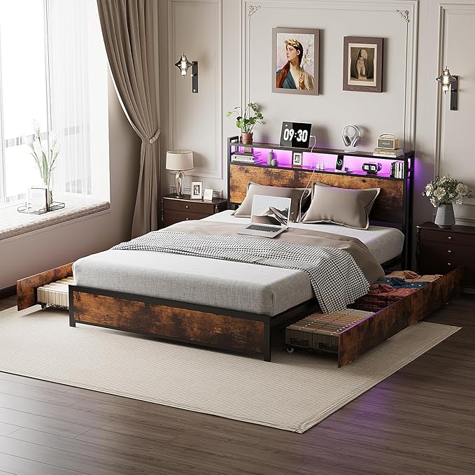 VINGLI King Bed Frame with 4 Storage Drawers and Adjustable Headboard Shelf, Metal Platform Captain Bed with Charging Station and RGB LED Lights, No Box Spring Needed, Noise Free, Wash Vintage Brown