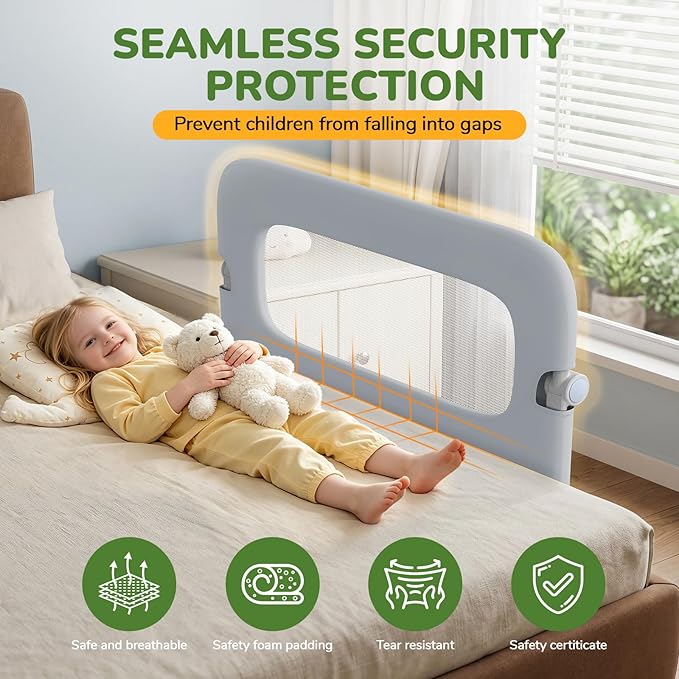 Bed Guard Rail for Toddlers - 32" Adjustable Heights & Folding up Portable Bed Railing for Baby - Toddler Bed Rails Guard for Crib, Twin, Bunk,Full Size, Queen & King Bed(Grey)