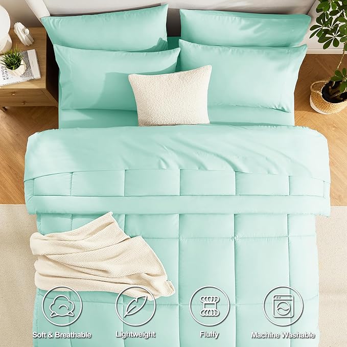 CozyLux King Size Comforter Set Mint Green, 7 Pieces Bed in a Bag, Green Comforter King Size, All Season Bedding Sets with Stitch Quilted Comforter, Flat Sheet, Fitted Sheet, Pillowcases