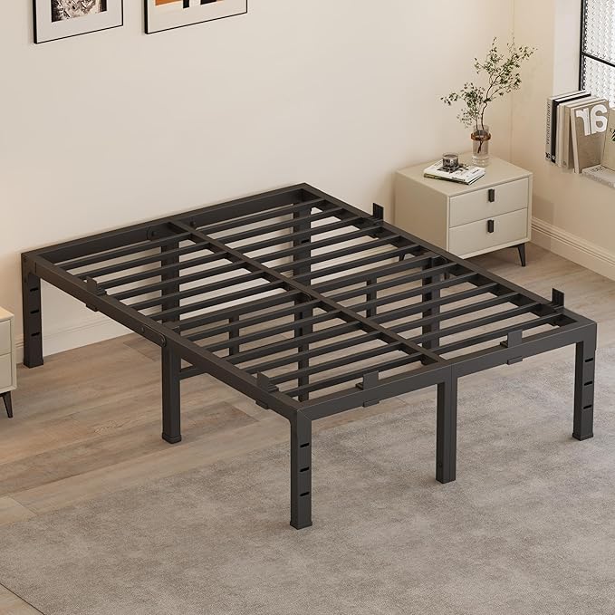 14 Inch Full Size Bed Frames, Heavy Duty Metal Platform 3500 lbs Capacity, No Box Spring Needed, 6 Mattress Slide Stopper, Headboard Holes, Noise-Free, Easy Assembly