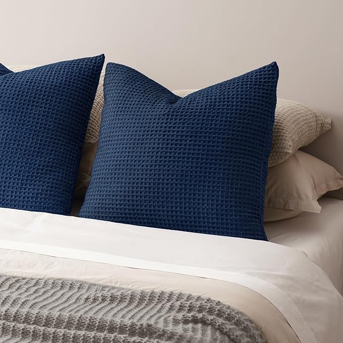 PHF Ultra Soft Waffle Weave Euro Shams Pillow Covers, No Filling, 2 Pack 26" x 26" Bed Cushion Covers, Breathable & Skin-Friendly Bed Pillow Shams for Stylish Home Decor, Navy Blue/Dark Blue