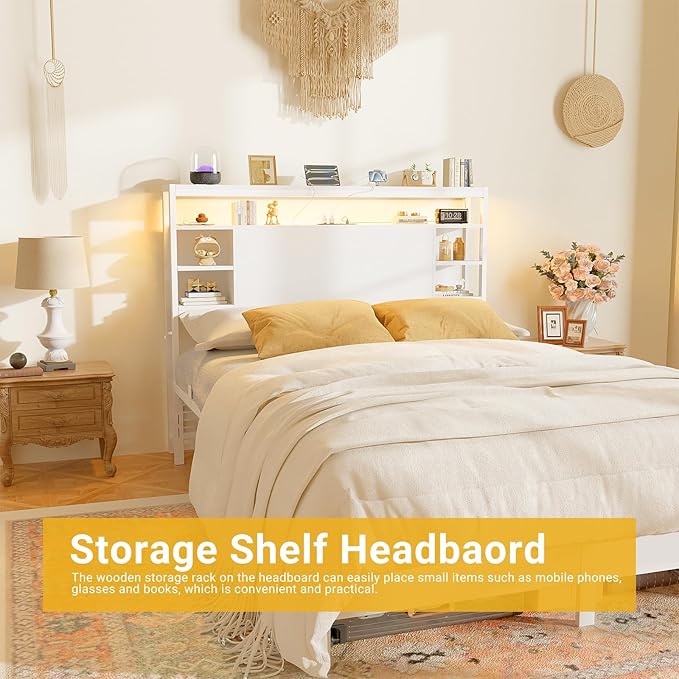 Unikito Full Size Headboard with Storage, Headboards with Outlet and RGB LED Light, Sturdy Head Board for Full Size Bed, Stable Headboard Only for Bedroom, Dorm Room, Guest Room, White