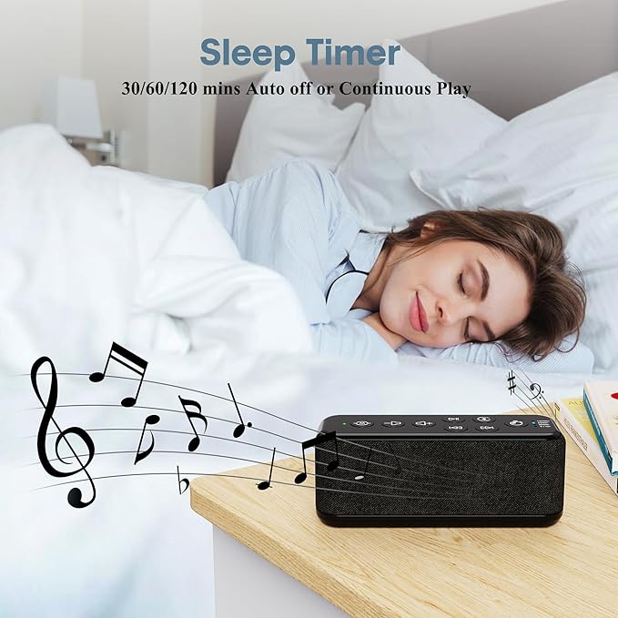 White Noise Sound Machine for Sleep with Bluetooth, 3000mAh Rechargeable, Up to 40 Hours Playtime, Timer, Front-Facing Stereo Sound, for Baby Adults Home Office Travel