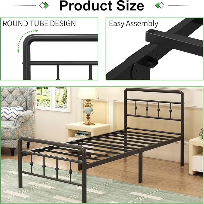 EMODA 16 Inch Twin XL Bed Frames with Headboard and Footboard, Heavy Duty XL Twin Metal Slats Support Mattress Foundation, No Box Spring Needed, Easy Assembly
