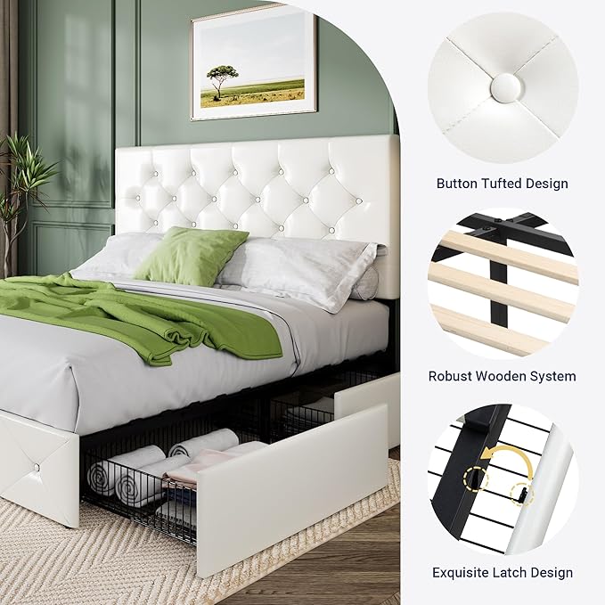 Allewie Upholstered Full Size Platform Bed Frame with 4 Storage Drawers and Headboard, Diamond Stitched Button Tufted, Mattress Foundation with Wooden Slats Support, No Box Spring Needed, White