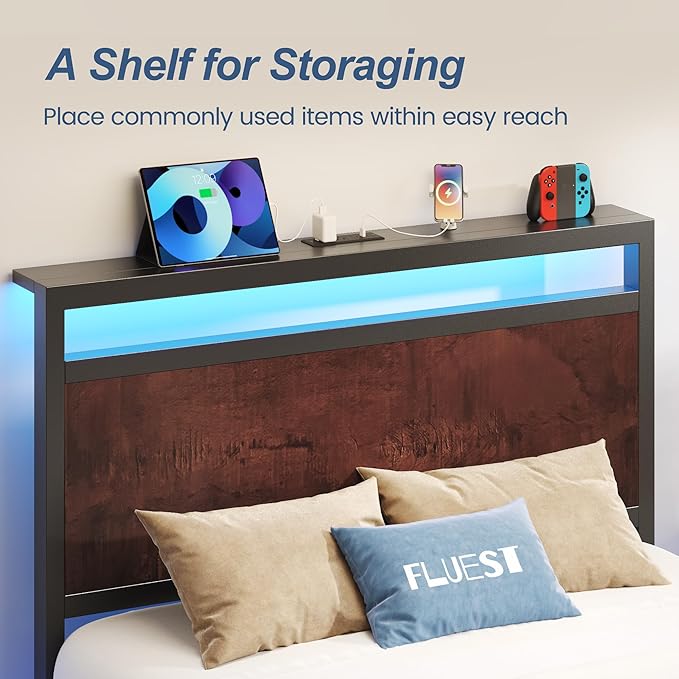 Fluest Twin Bed Frame with Headboard & Footboard, Twin Bed Frame with Charging Station & LED Light, Under-Bed-Storage, No Box Spring Needed, Noise Free, Easy Assembly, Coffee Brown