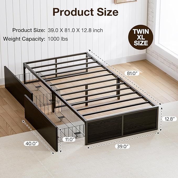 GAZHOME Twin XL Bed Frame with 2 XL Storage Drawers, Metal Platform Bed Frame with Footboard, 9 Strong Metal Slat Support/No Box Spring Needed/Easy Assembly/Space Saving,Black
