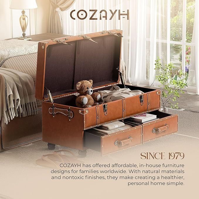 COZAYH Vintage Mid-Century Faux Leather Storage Ottoman Accent Bench - Upholstered Padded Chest for Entryway, Bedroom, Living Room, Orange