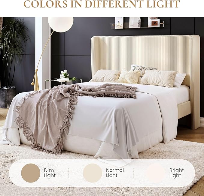 SHA CERLIN Queen Size Corduroy Upholstered Platform Bed Frame with Vertical Channel Tufted Wingback Headboard, 8" Under-Bed Storage, Wooden Slats and Metal Frame Support, Easy Assembly, Cream