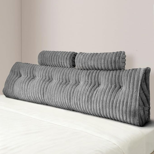 Headboard Pillow King, Faux Fur Wedge Pillow Headboard for Bed Sitting Up,Back Support Pillows for Reading, Working with 2 Pack Neck Bloster Pillows (Grey, King:76x8x20 Inches)