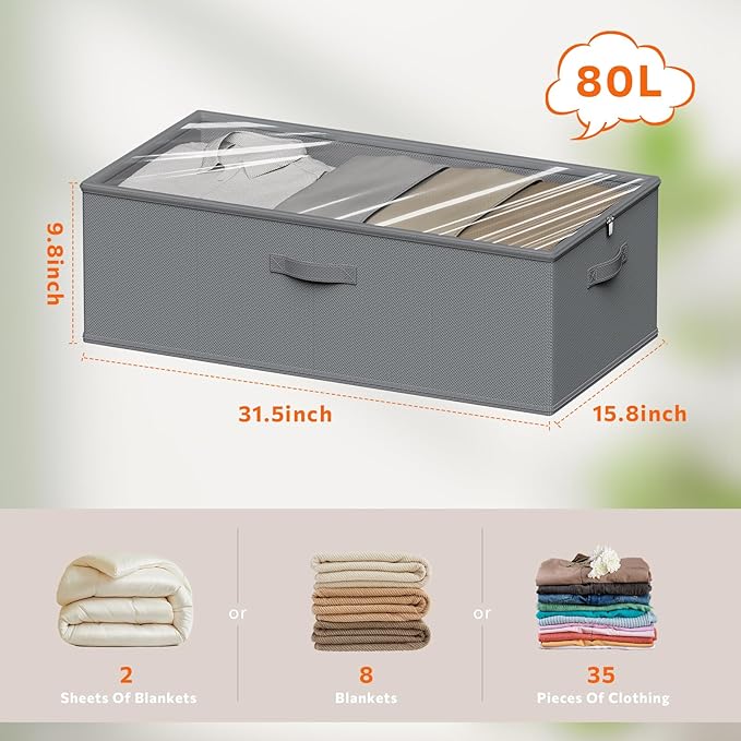 2 Pack Under Bed Storage Containers, 10 Inch Tall Underbed Clothes Storage Organizer Bin with Clear Window，Foldable Box Basket for Clothes, Closet, Bed Sheets and Blankets Gray