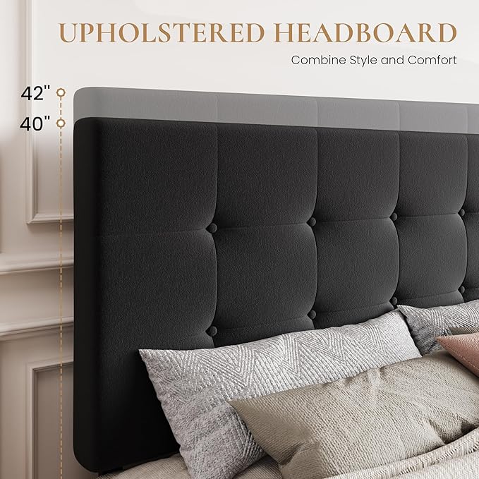 SHA CERLIN Queen Platform Bed Frame with 4 Oversized Storage Drawers, Adjustable Headboard with Velvet Upholstery, Square Button Tufted Design, Wooden Slat Support, No Box Spring Needed, Black