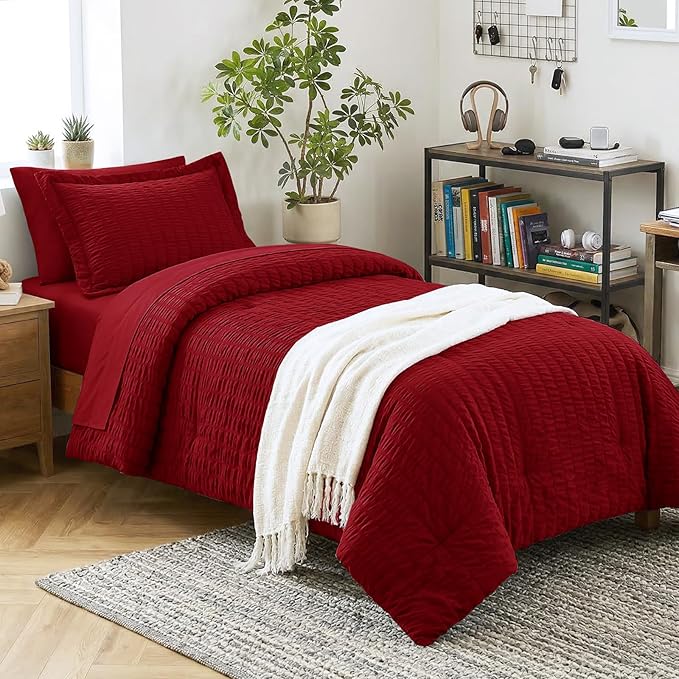 CozyLux Twin XL Comforter Set with Sheets Seersucker Dark Red 5 Pieces Bed in a Bag, Twin Extra Long Luxury Bedding Sets for College Dorm with Down Alternative Comforter, Sheets, Pillowcase & Sham