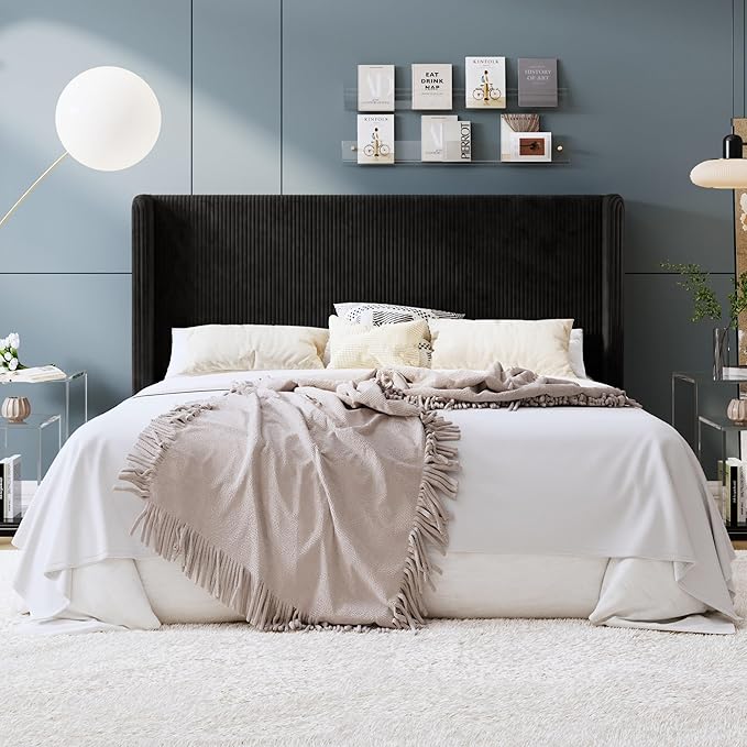 SHA CERLIN King Size Corduroy Upholstered Platform Bed Frame with Vertical Channel Tufted Wingback Headboard, 8" Under Bed Storage, Wooden Slats & Metal Frame Support, Easy Assembly, Black