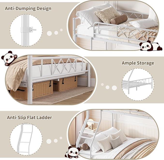 Garvee Bunk Bed Twin Over Full for Adults & Teens, Heavy Duty Metal with Ladder & Safety Rails, No Box Spring Required, Space Efficient Furniture for Bedroom, Dorm, White