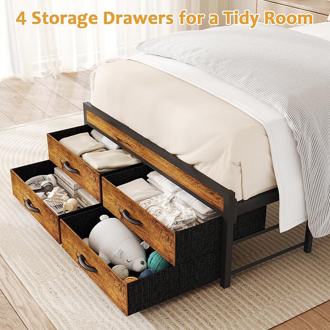 Zevemomo Twin Bed Frame with Storage Drawers, Twin Metal Bed Frame with LED Light and Charging Station, Heavy Duty Metal Slats, No Box Spring Needed, Rustic Brown