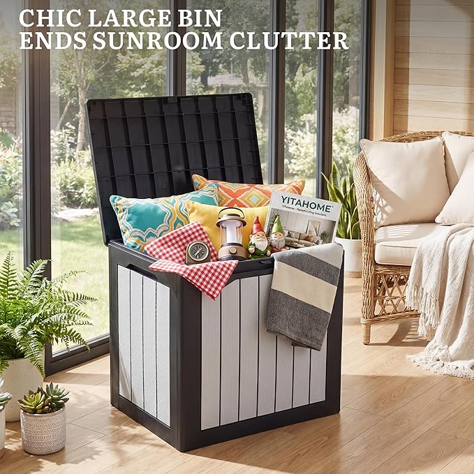 YITAHOME 30 Gallon Deck Box, Waterproof Resin Outdoor Storage Box, Doubles as Bench Seating for Patio Furniture Cushions,Garden Tools & Pool Accessories, Black & Gray