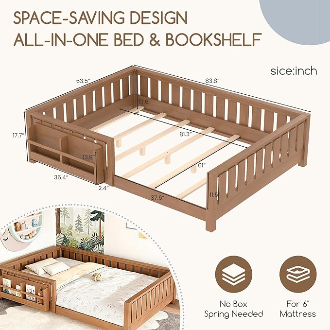 Bellemave Queen Floor Bed Frame with Fence & Bookshelf, Solid Pinewood Montessori Floor Bed Frame Queen with Slats Load 550LBS, Low Floor Bed for Kids, Bedroom, Nursery, Easy Assembly, Oak Brown