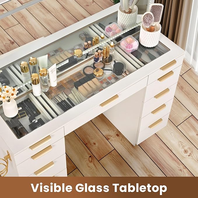 Pamapic Glass Top Vanity Desk with LED Lighted Mirror, 11 Drawers Vanity Desk with Charging Station, 3 Lighting Modes Dressing Table, Golden Handles, Makeup Table, White