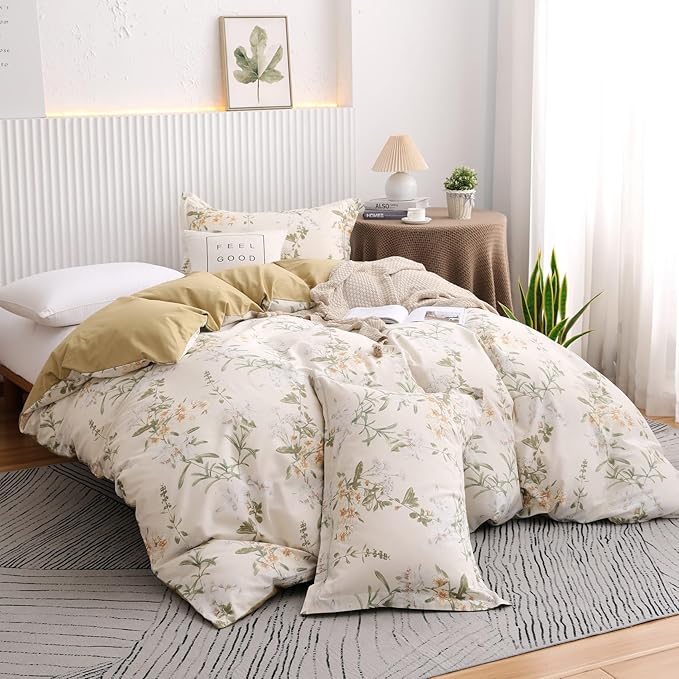 OAITE Duvet Cover Set Twin Size Floral Pattern 600 Thread Count Ultra Soft 100% Long Staple Cotton Duvet Cover Sets 3-PC, Breathable Duvet Cover with Zipper Closure & Corner Ties